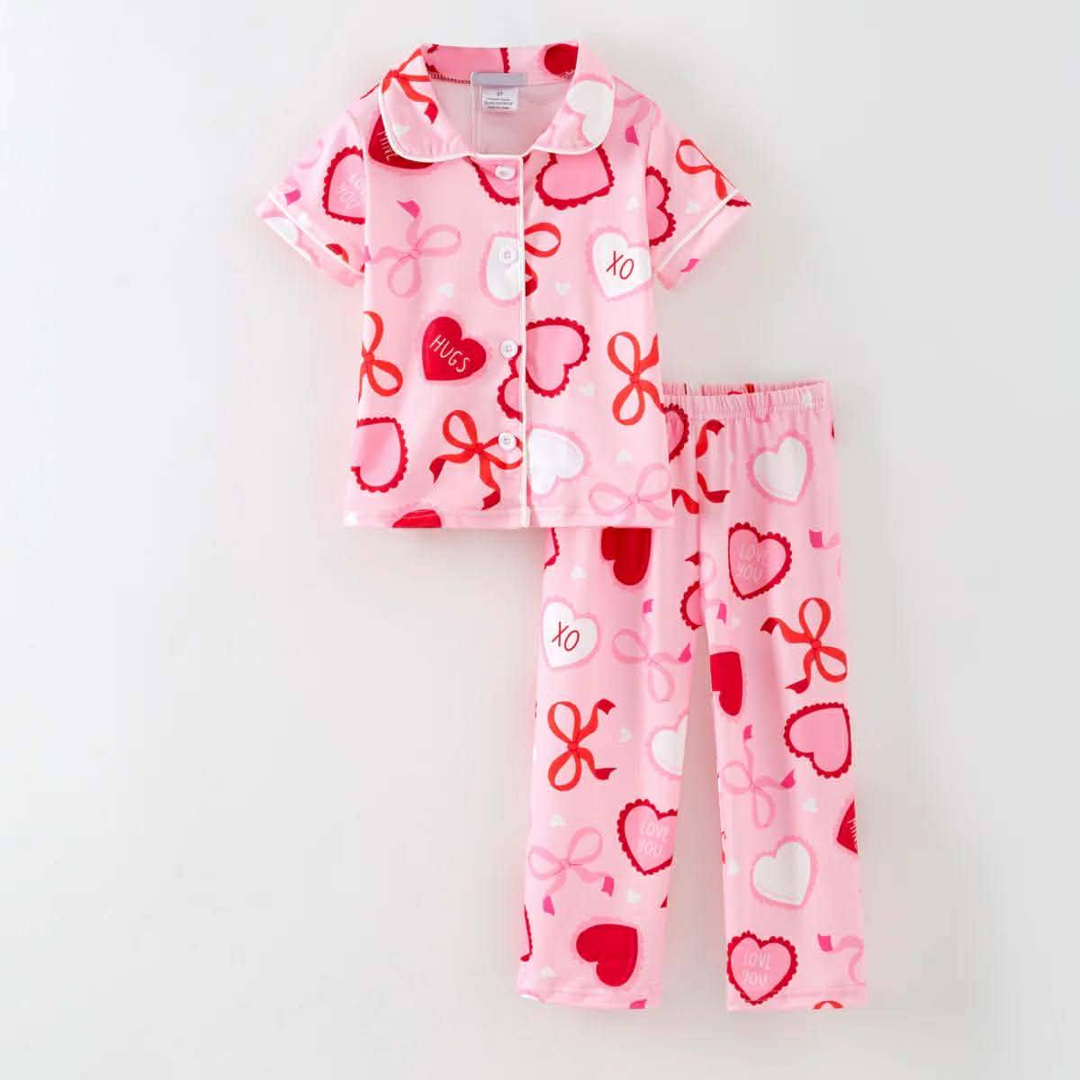 (Custom Design Preorder MOQ 5) XOXO Hearts Bows Print Girls Valentine's Day Pajamas Clothes Set