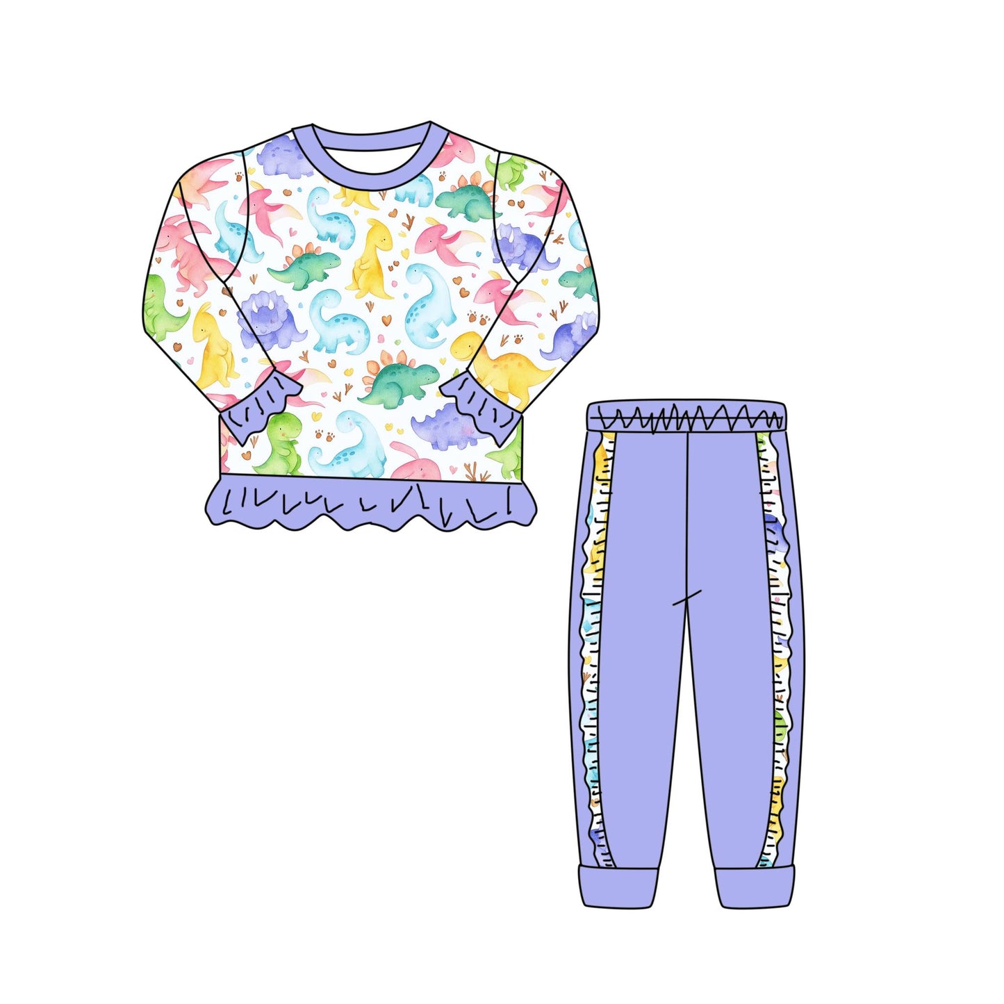 (Custom Design Preorder MOQ 5) Colorful Dino Top Purple Ruffle Pants Girls Clothes Set