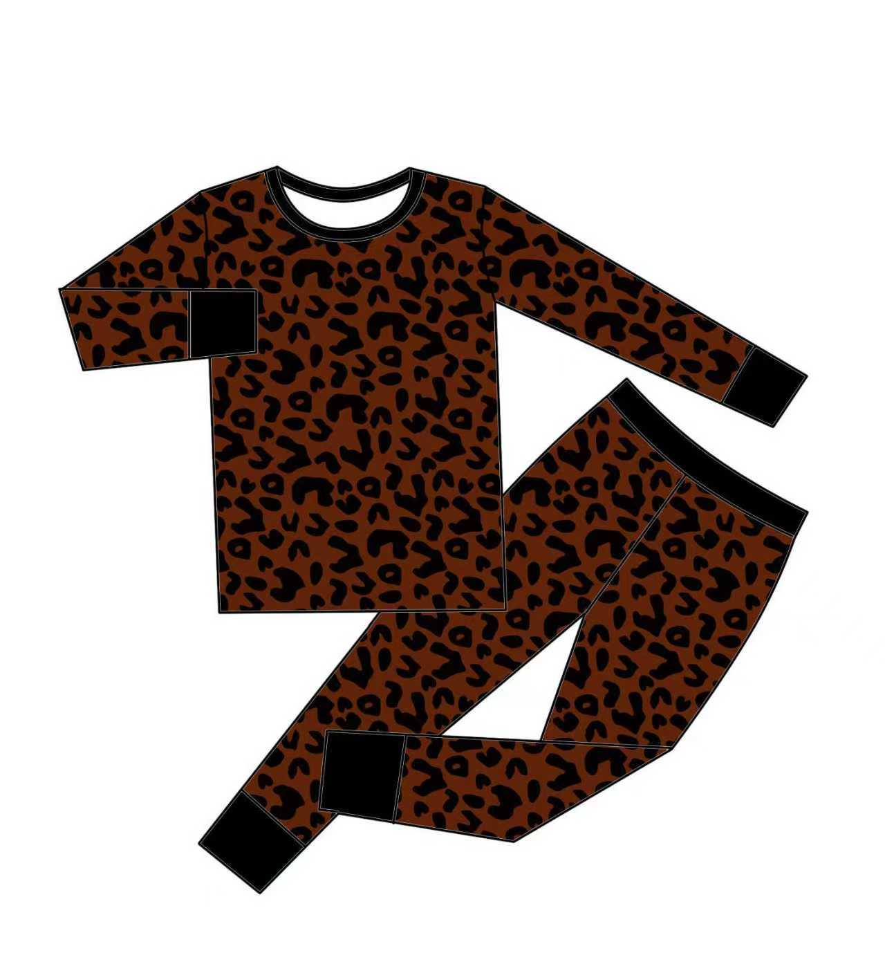 (Custom Design Preorder MOQ 5) Brown Black Print Girls Pajamas Clothes Set