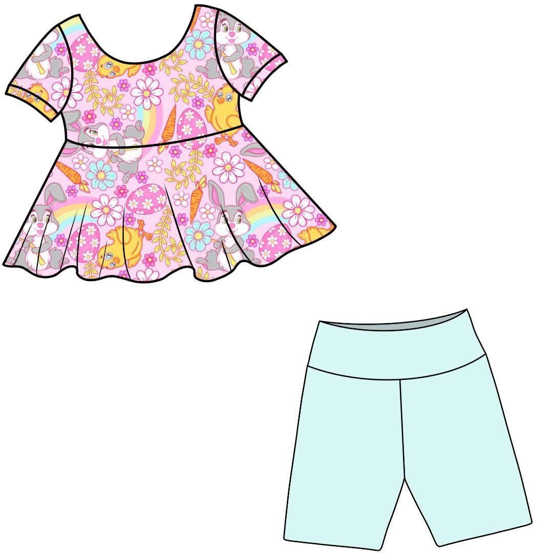 (Custom Design Preorder MOQ 5) Bunny Flowers Rainbow Top Blue Shorts Girls Easter Clothes Set
