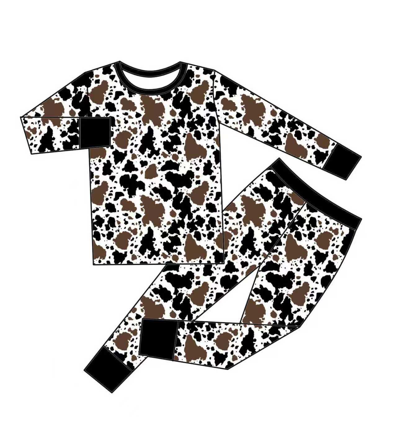 (Custom Design Preorder MOQ 5) Brown Cowhide Print Girls Western Pajamas Clothes Set