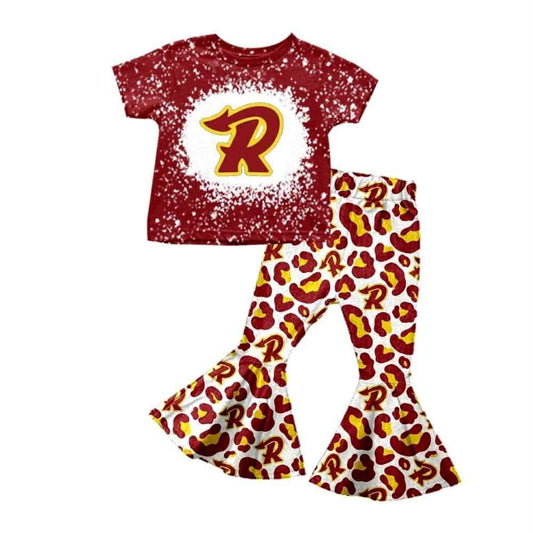 (Custom Design Preorder MOQ 5) Team's R Print Leopard Bell Pants Girls Clothes Set