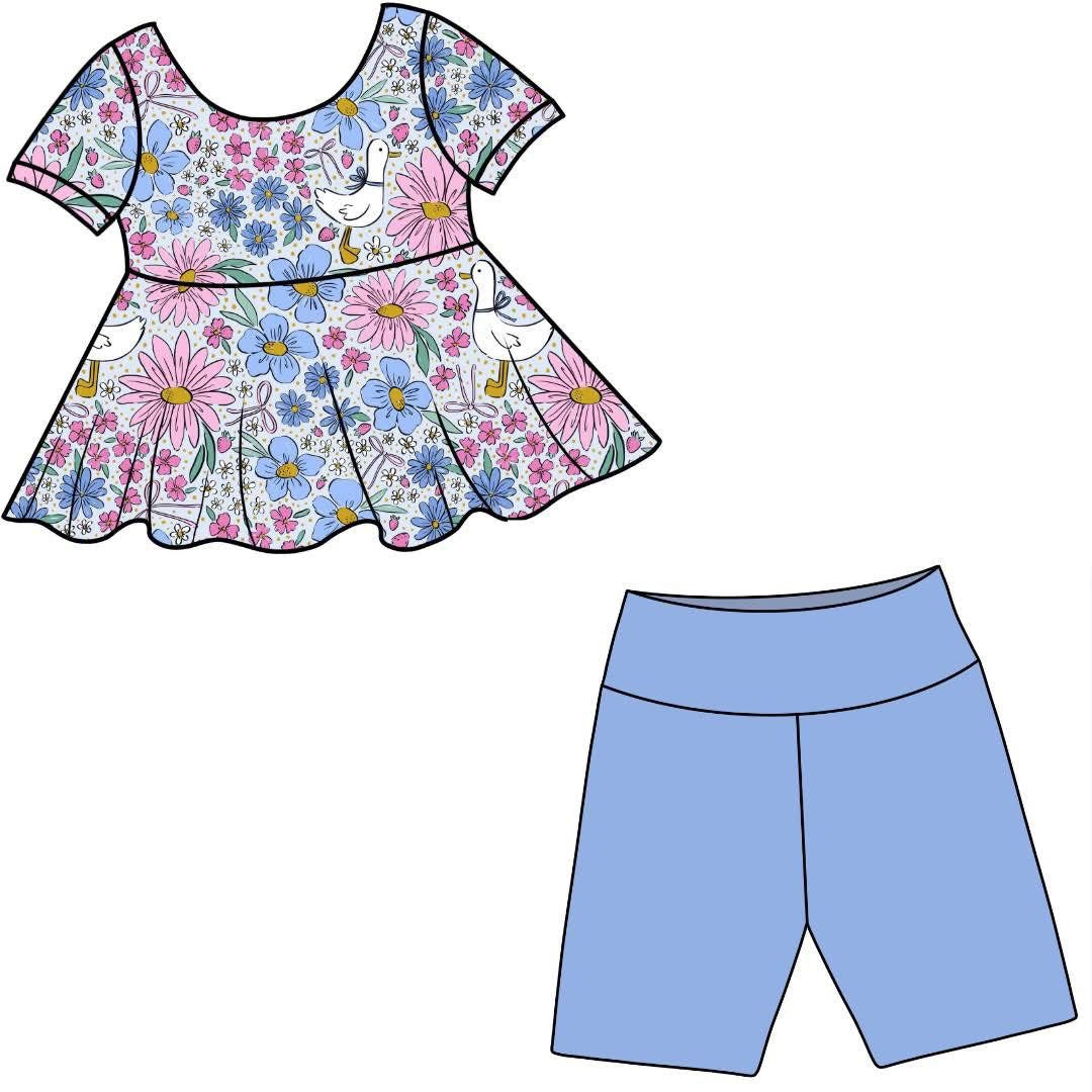 (Custom Design Preorder MOQ 5) Goose Flowers Bows Top Blue Shorts Girls Easter Clothes Set
