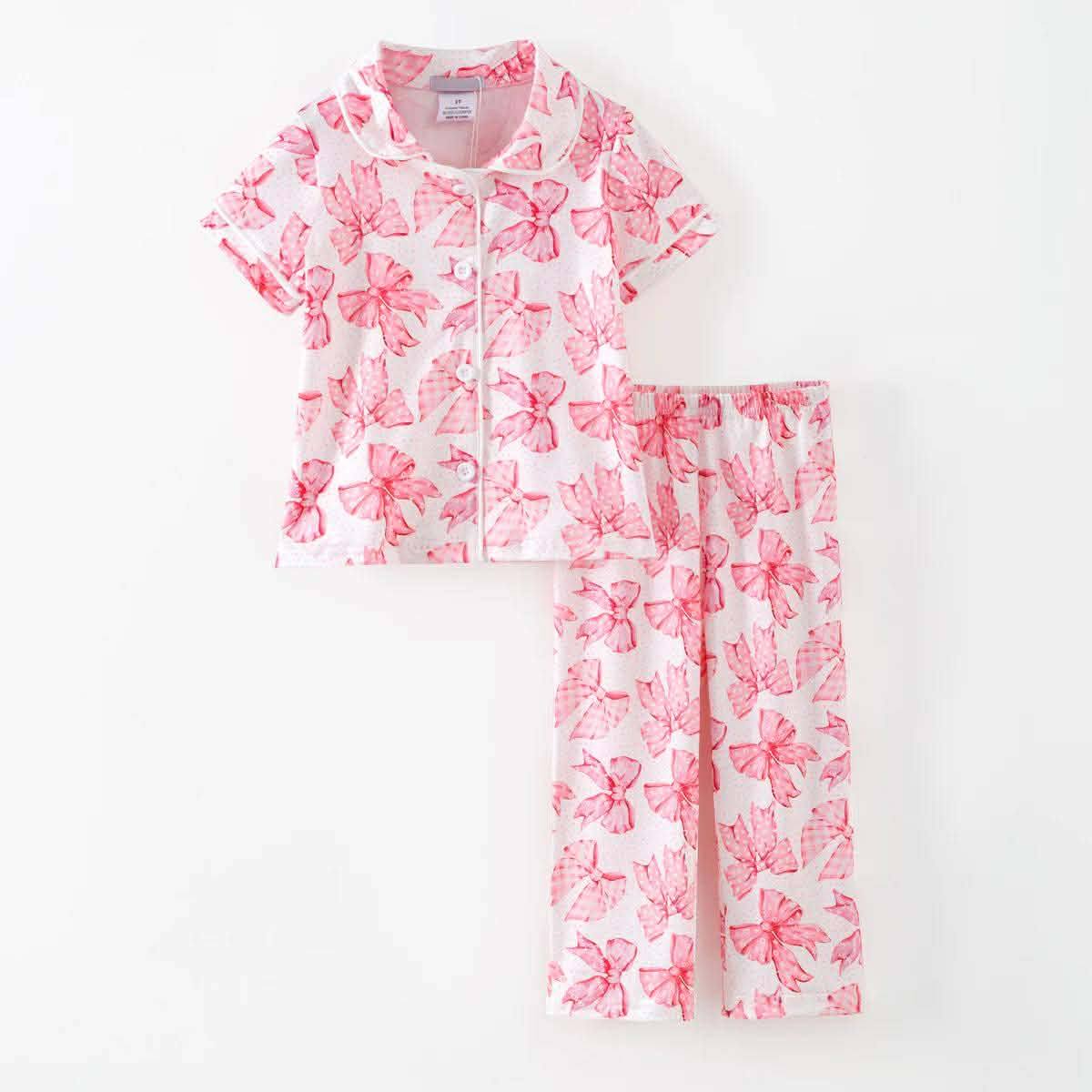 (Custom Design Preorder MOQ 5) Hearts Bows Pink Print Girls Valentine's Day Pajamas Clothes Set