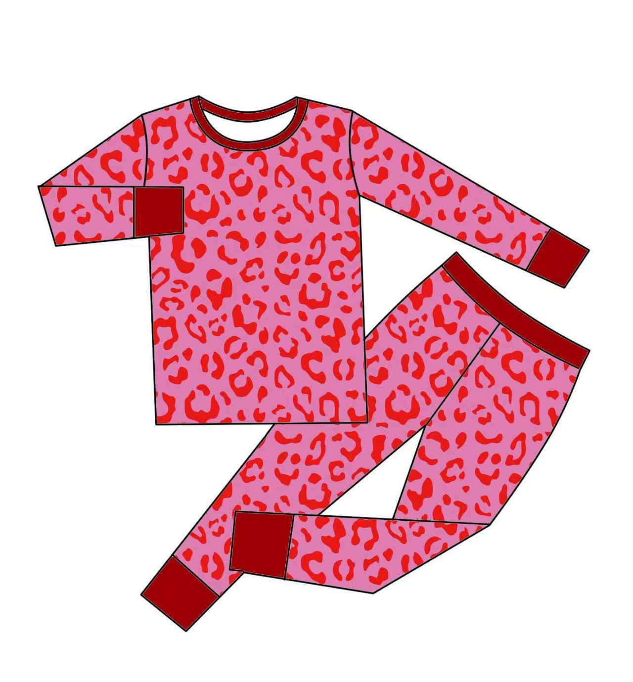 (Custom Design Preorder MOQ 5) Pink Leopard Print Girls Pajamas Clothes Set