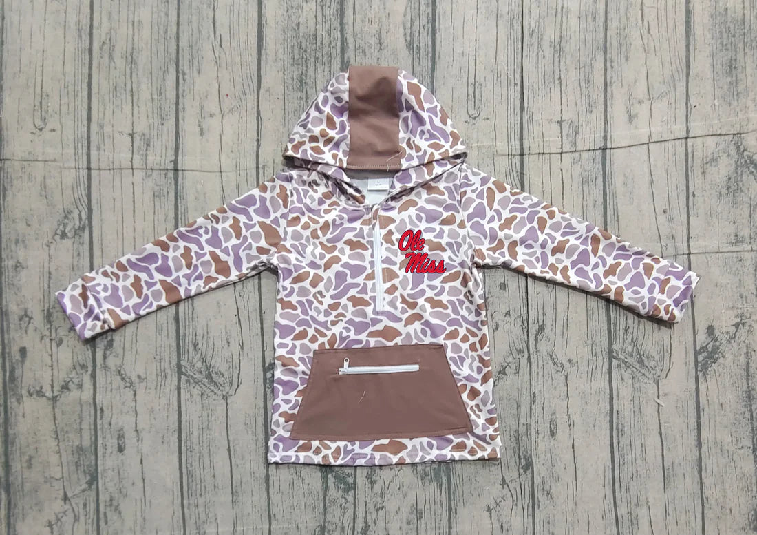 (Custom Design Preorder MOQ 5 Each Item) Team's Ole Miss Brown Camo Print Kids Fall Zipper Hoodie Top Mom and Me Matching Clothes