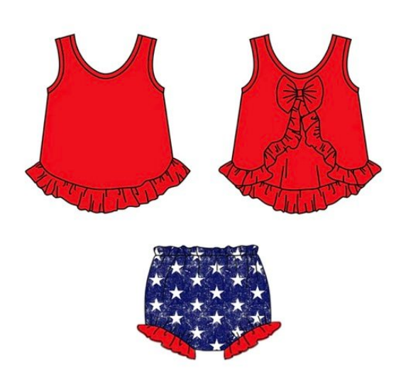 (Custom Design Preorder MOQ 5) Red Backless Top Stars Shorts Baby Girls 4th of July Bummie Set