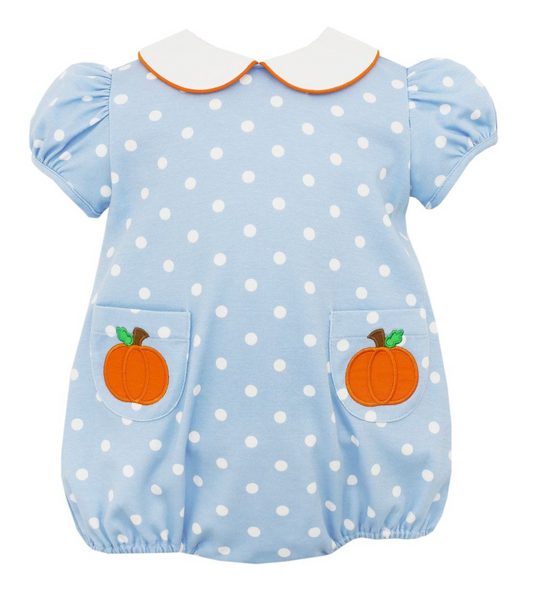 (Custom Design Preorder MOQ 5) Pumpkin Pockets Dots Baby Girls Fall Bubble Romper