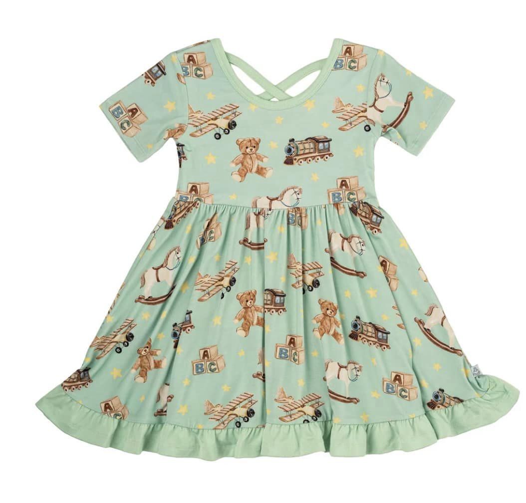 (Custom Design Preorder MOQ 5) Toys Green Print Girls Summer Knee Length Dress