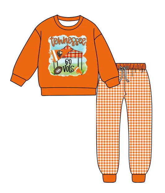 (Custom Design Preorder MOQ 5) Team's TENNESSEE Top Plaid Pants Boys Fall Clothes Set