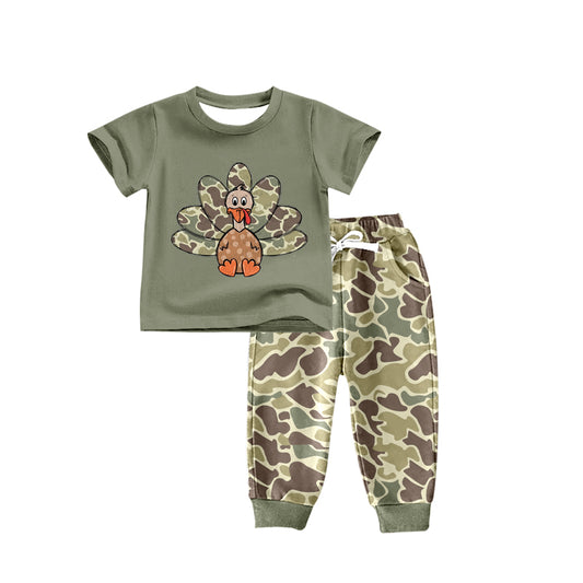 (Custom Design Preorder MOQ 5) Turkey Top Green Camo Pants Boys Thanksgiving Clothes Set