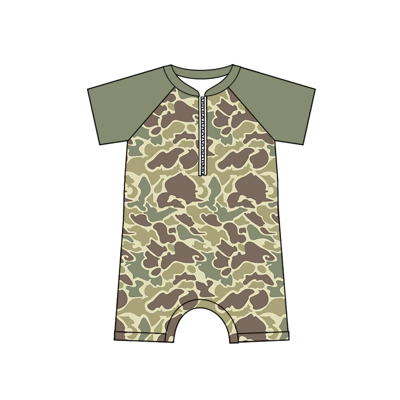 (Custom Design Preorder MOQ 5) Green Camo Print Boys 1 Piece Zipper Swimsuits