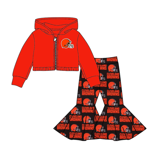 (Custom Design Preorder MOQ 5) Football Team's BROWNS Jacket Zipper Hoodie Top Bell Pants Girls Clothes Set