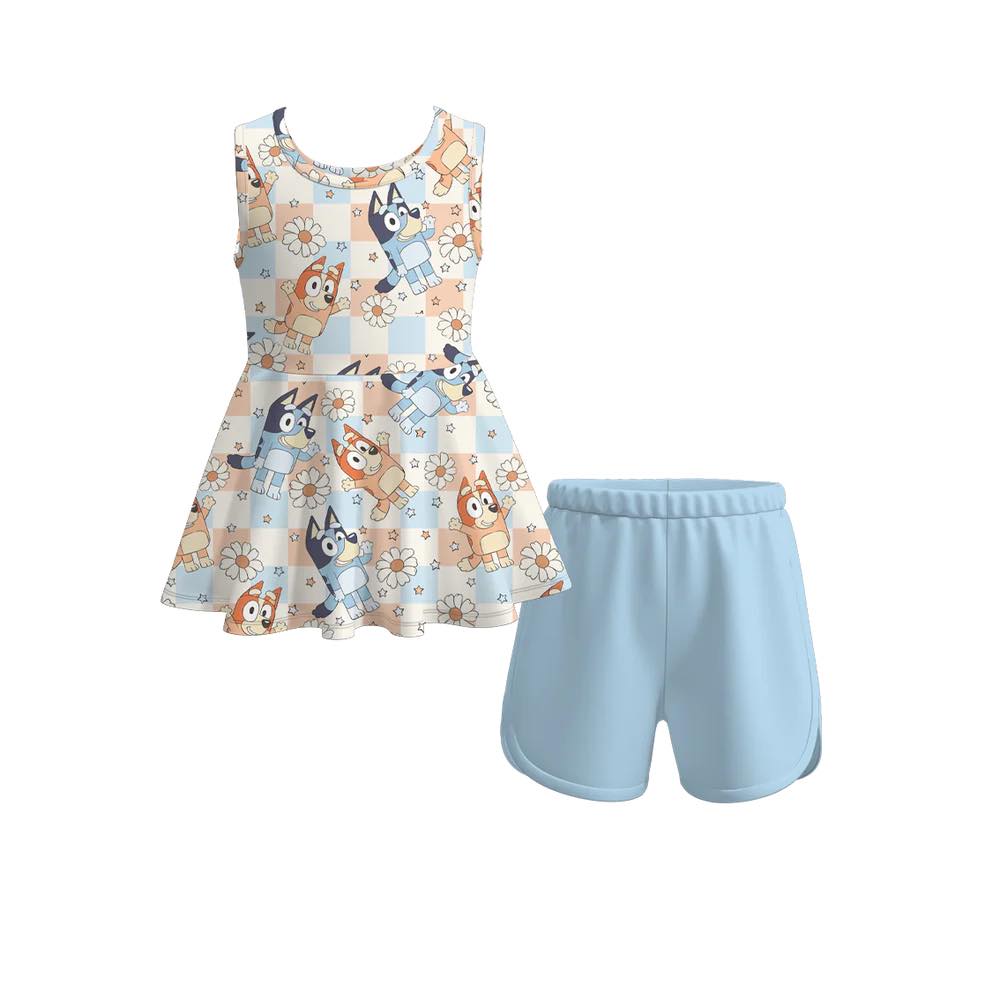 (Custom Design Preorder MOQ 5) Cartoon Dog Flowers Top Blue Shorts Girls Summer Clothes Set