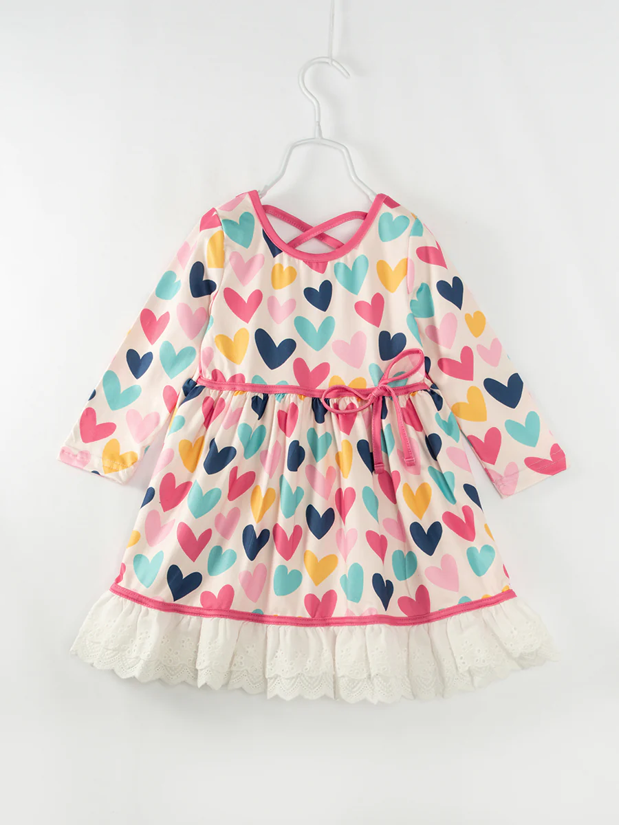 (Custom Design Preorder MOQ 5) Colorful Heart Print Girls Valentine's Knee Length Dress