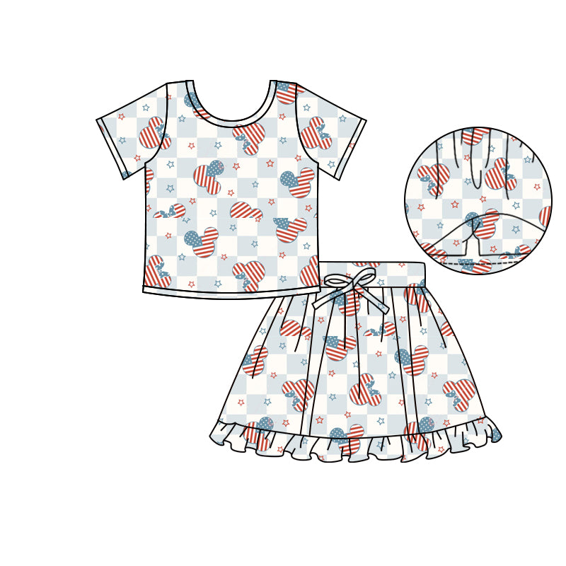 (Custom Design Preorder MOQ 5) Cartoon Mouse Plaid Top Skirts Shorts Girls 4th of July Clothes Set