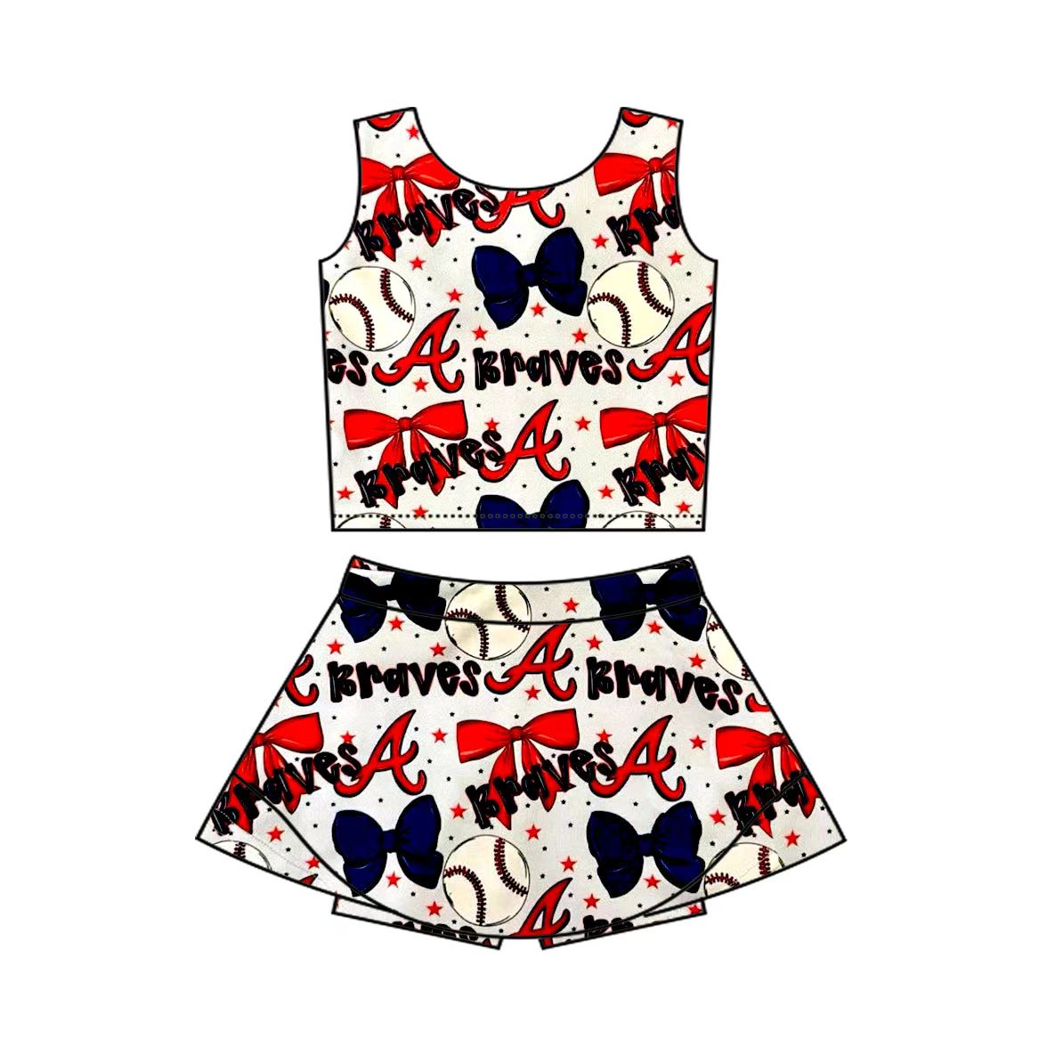 (Custom Design Preorder MOQ 5) Team's BRAVES Baseball Bows Print Shorts Skirts Girls Summer Yoga Clothes Set