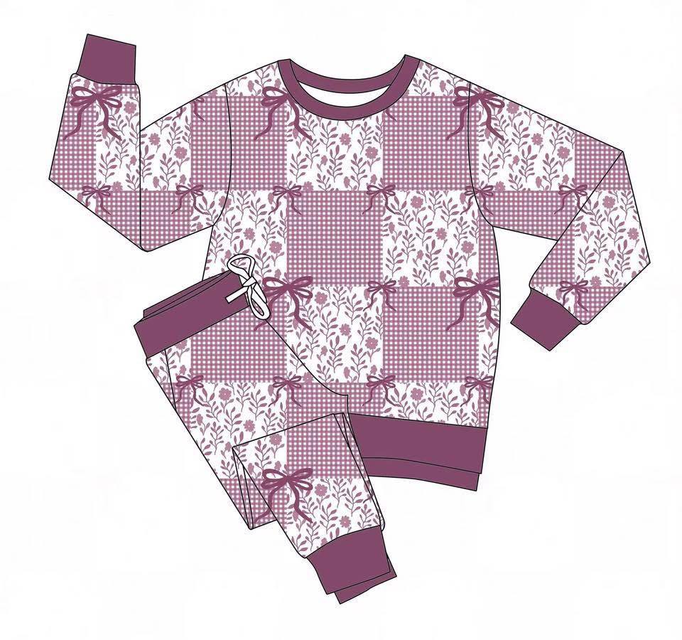 (Custom Design Preorder MOQ 5) Purple Flowers Plaid Print Girls Pajamas Clothes Set