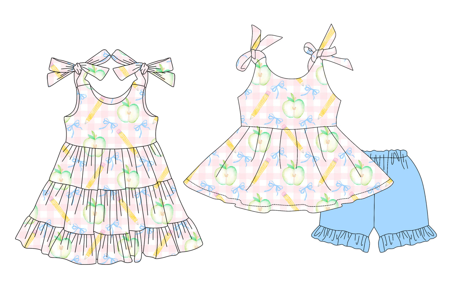 3.29(Custom Design Preorder MOQ 5 Each Design) Apple Pen Bows Print Girls Back to School Matching Clothes Sisters Wear