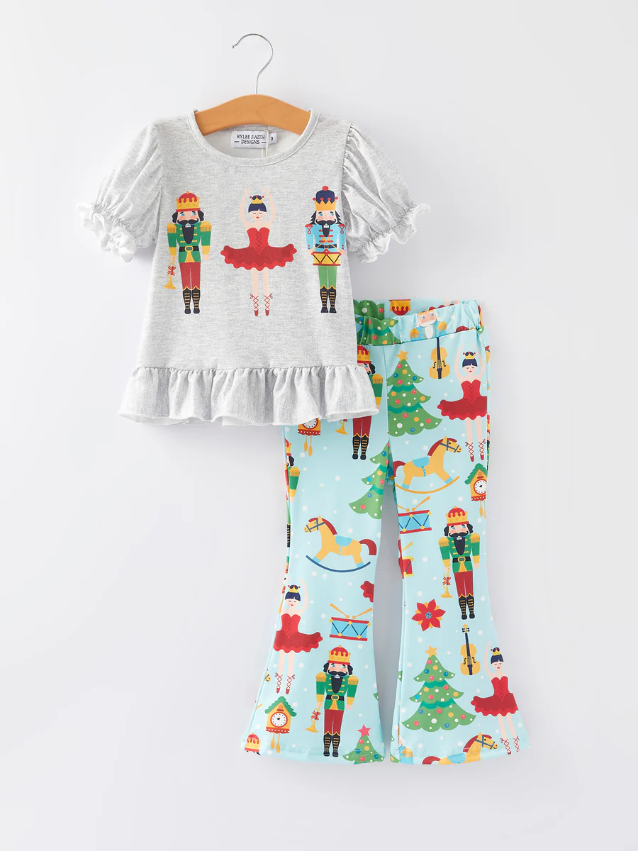 (Custom Design Preorder MOQ 5) Nutcracker Soldier Top Blue Pants Girls Christmas Clothes Set