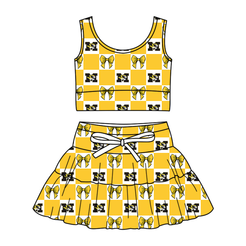 (Custom Design Preorder MOQ 5 Each Color) Team's Missouri Tigers Bows Plaid Print Girls Summer Clothes Sisters Matching Wear