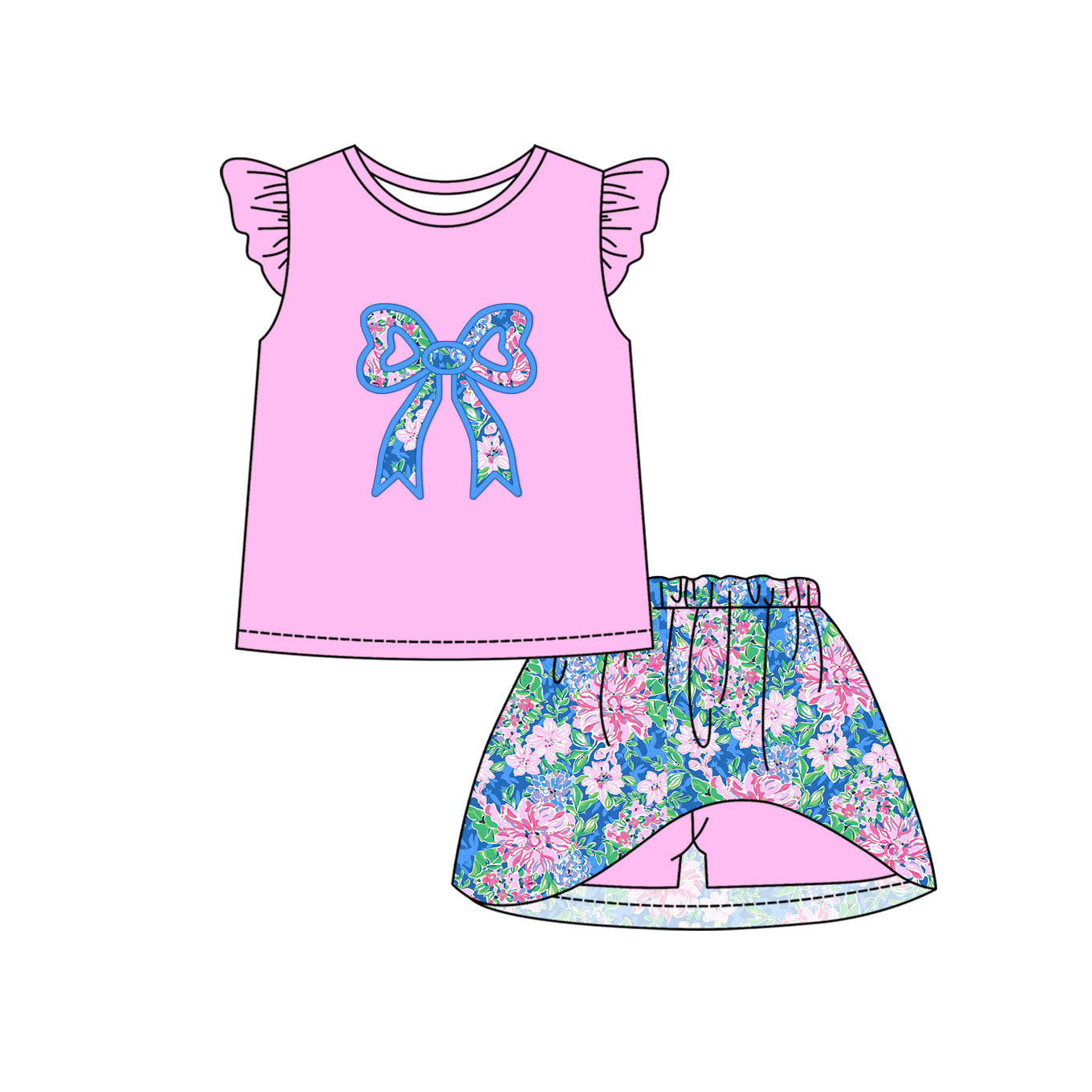 12.9(Custom Design Preorder MOQ 5) Bow Pink Print Flowers Skirts Shorts Girls Summer Clothes Set