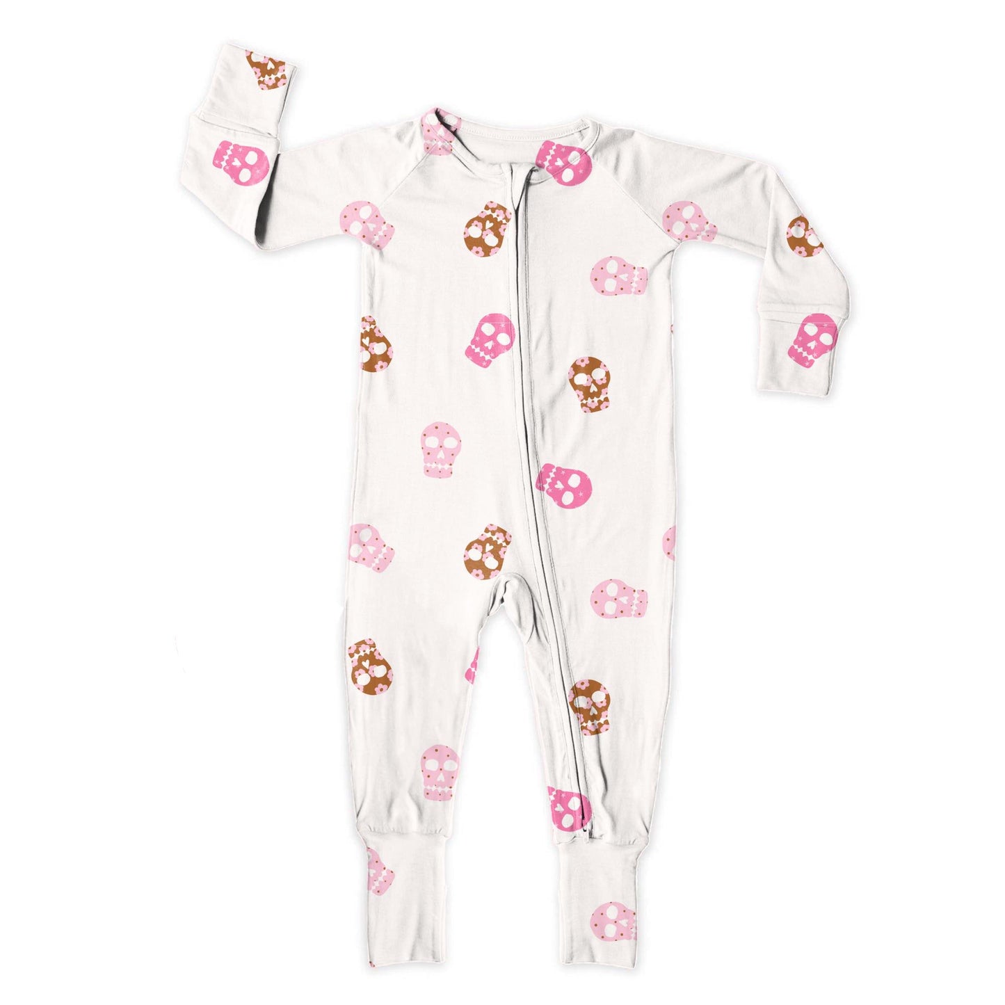 (Custom Design Preorder MOQ 5)  Pink Skull Print Baby Girls Halloween Sleeper Zipper Romper
