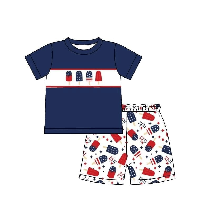 (Custom Design Preorder MOQ 5) Popsicle Print Navy Top Stars Shorts Boys 4th of July Clothes Set