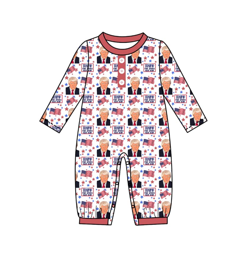 (Custom Design Preorder MOQ 5) TRUMP Flags Print Baby Boys Romper