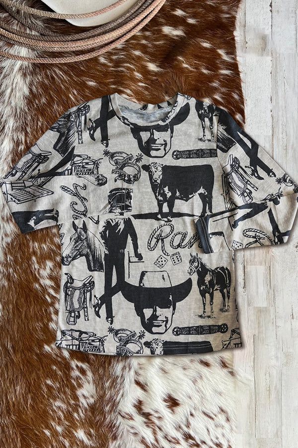 (Custom Design Preorder MOQ 5) Rodeo Grey Cowboy Print Boys Western Tee Shirts Tops