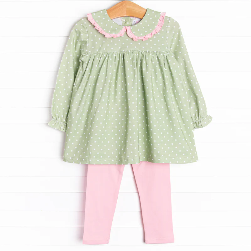 (Custom Design Preorder MOQ 5) Green Dots Tunic Top Pink Pants Girls Spring Clothes Set