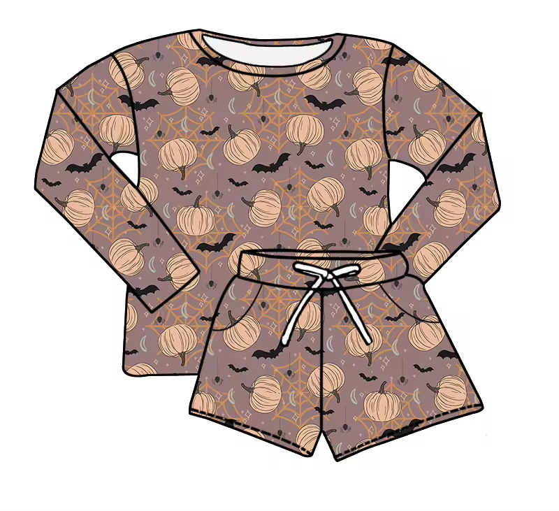 (Custom Design Preorder MOQ 5) Pumpkin Bat Long Sleeve Top Shorts Kids Halloween Clothes Set