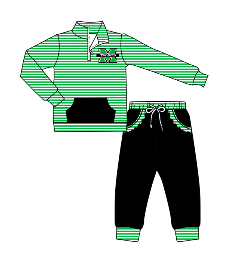 (Custom Design Preorder MOQ 5) Team's Marshall Thundering Herd Stripes Zipper Top Pockets Pants Girls Clothes Set