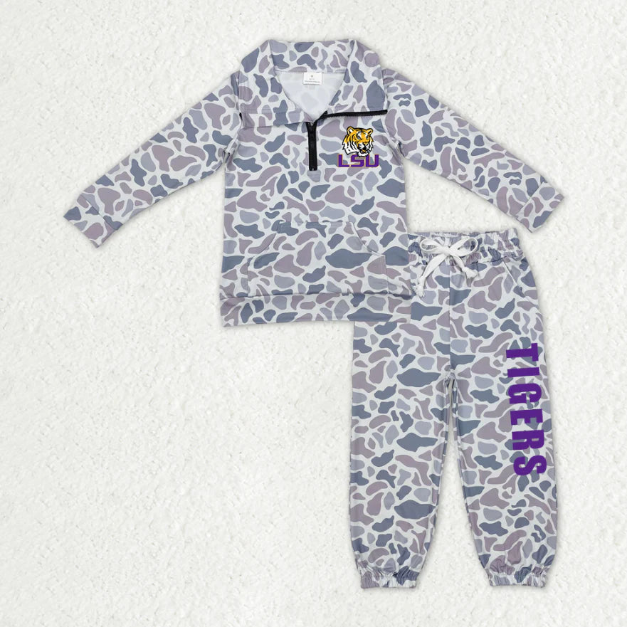 (Custom Design Preorder MOQ 5) Team's LSU TIGERS Grey Camo Zipper Top Pockets Pants Boys Fall Clothes Set
