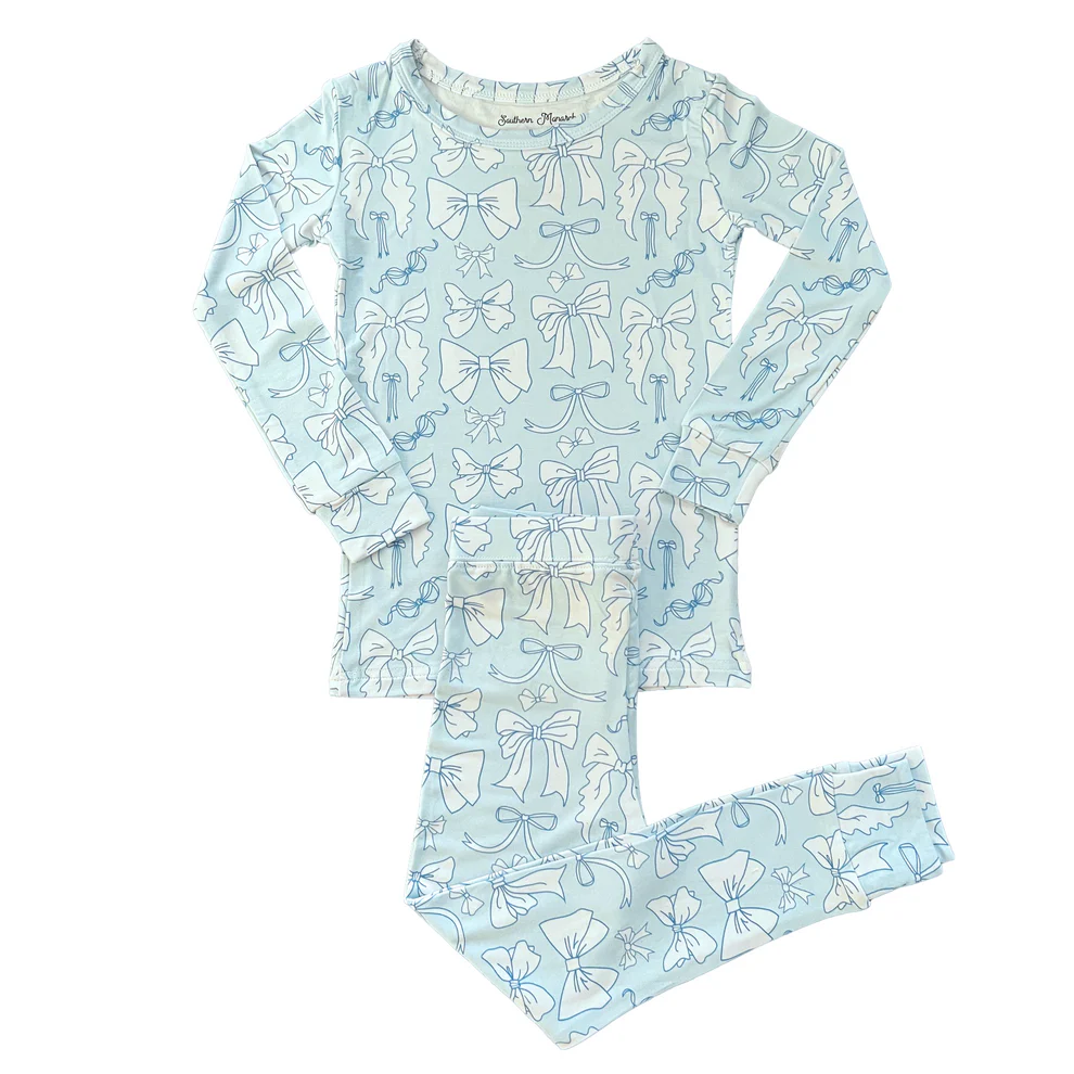 (Custom Design Preorder MOQ 20) Blue Bows Print Girls Bamboo Pajamas Clothes Set