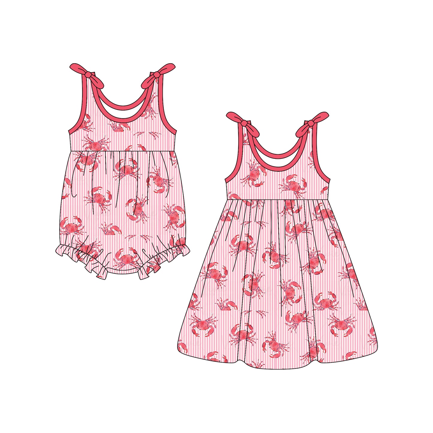 12.23 (Custom Design Preorder MOQ 5 Each Design) Crab Stripes Print Girls Summer Matching Clothes Sisters Wear