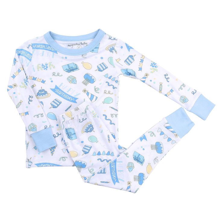 (Custom Design Preorder MOQ 5) Blue Happy Birthday Print Boys Pajamas Clothes Set