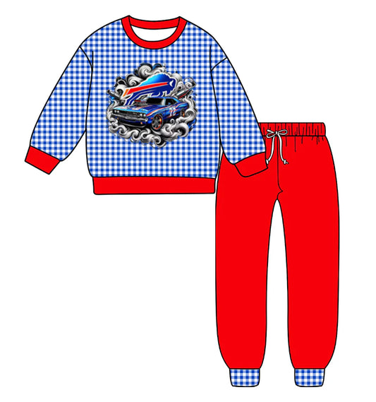 (Custom Design Preorder MOQ 5) Team's Buffalo Bills Plaid Print Red Pants Kids Fall Clothes Set