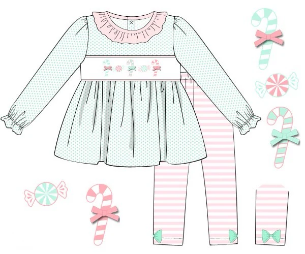 (Custom Design Preorder MOQ 5) Candy Cane Tunic Top Stripes Pants Girls Christmas Clothes Set