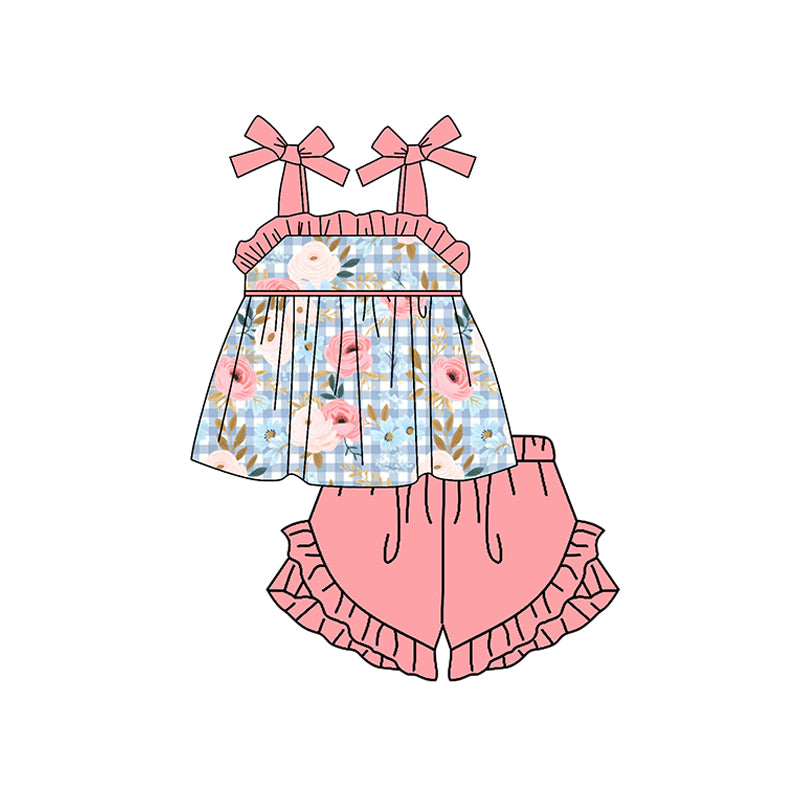 (Custom Design Preorder MOQ 5) Flowers Strap Tunic Top Pink Shorts Girls Summer Clothes Set