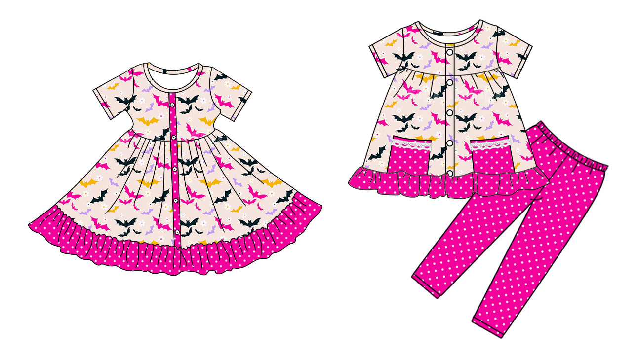 5.6(Custom Design Preorder MOQ 5 Each Design) Bat Hot Pink Print Girls Halloween Matching Clothes Sisters Wear