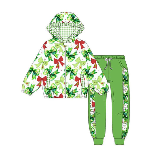 (Custom Design Preorder MOQ 5) Green Frog Bows Print Hoodie Zipper Top Pockets Pants Girls Christmas Clothes Set