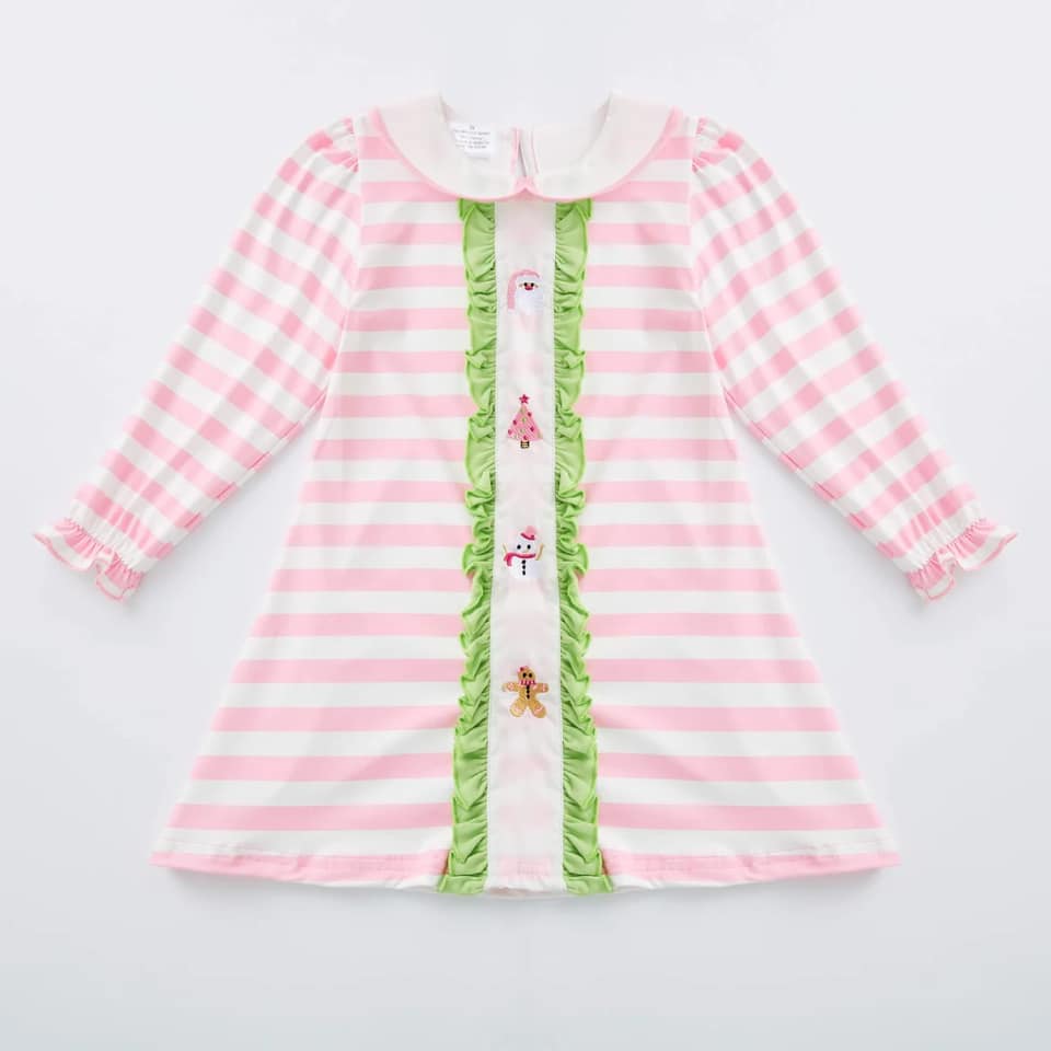 (Custom Design Preorder MOQ 5) Santa Gingerbread Pink Stripes Print Girls Christmas Knee Length Dress