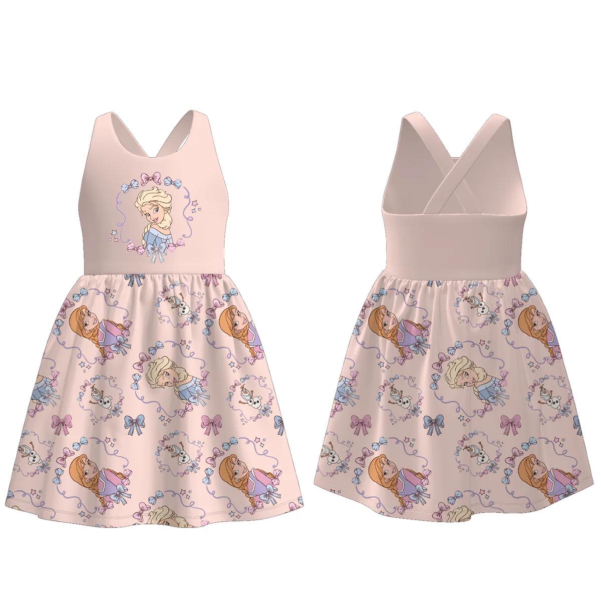 (Custom Design Preorder MOQ 5) Cartoon Princess Bows Print Girls Summer Knee Length Dress