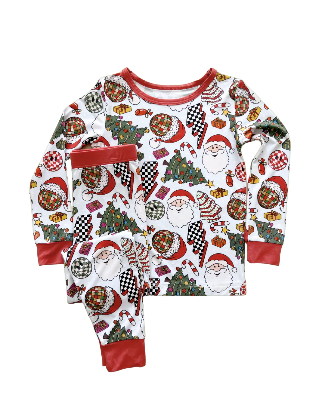 (Custom Design Preorder MOQ 5) Santa Lights Trees Candy Print Kids Christmas Pajamas Clothes Set
