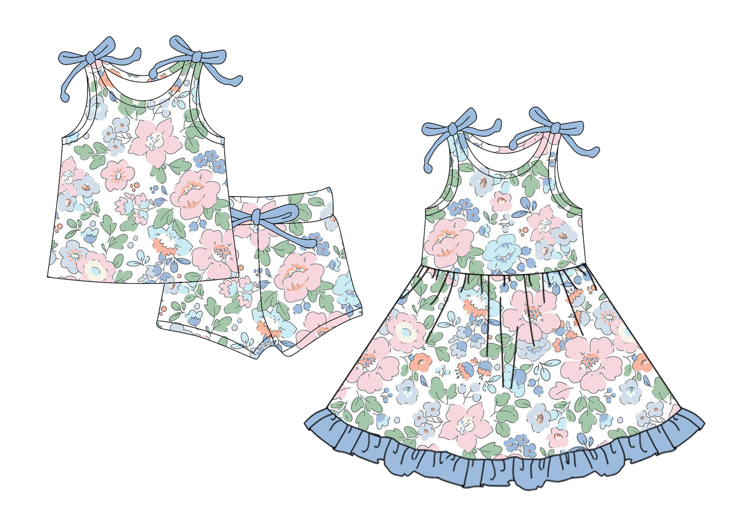 5.24(Custom Design Preorder MOQ 5 Each Design) Pink Blue Flowers Print Girls Summer Matching Clothes Sisters Wear