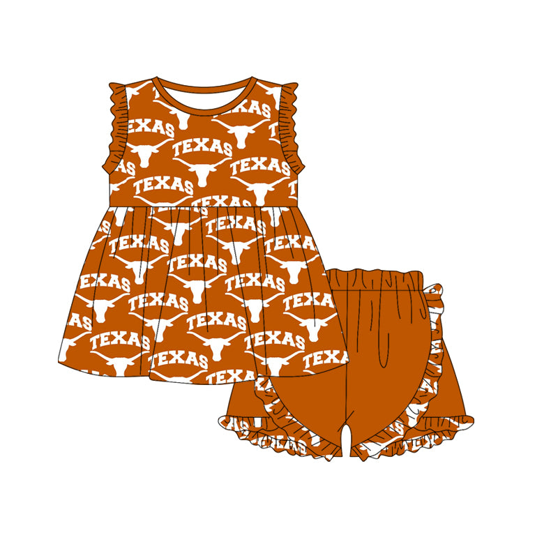 (Custom Design Preorder MOQ 5) Team's Texas Longhorns Print Girls Summer Clothes Set
