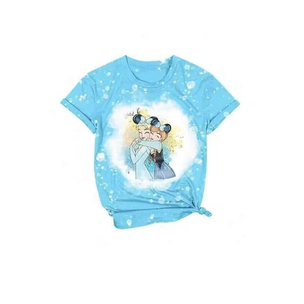 (Custom Design Preorder MOQ 5) Cartoon Princess Blue Sisters Girls Summer Tee Shirts Top