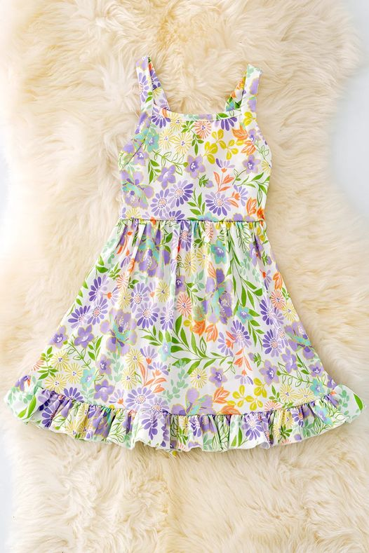 (Custom Design Preorder MOQ 5) Purple Flowers Print Girls Knee Length Summer Dress