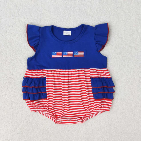 Flags Embroidery Red Stripes Print Sibling 4th of July Matching Clothes